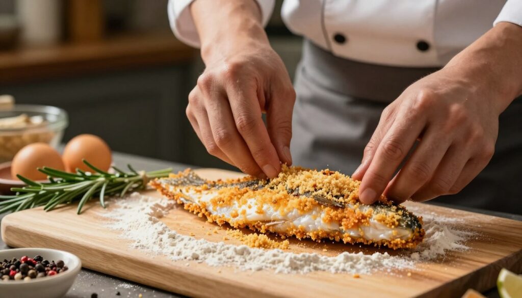 A close-up scene of a skilled chef expertly breading a carp fillet, using a mixture of flour, eggs, and breadcrumbs to create a golden crust. In the foreground, focus on the chef's hands, showcasing the delicate technique of coating the fish. The middle ground features the carp fillet laid on a wooden cutting board, surrounded by fresh herbs and spices that hint at the aromatic marinade used for frying. The background reveals a cozy kitchen environment with soft, warm lighting illuminating the scene, evoking a sense of homeliness and culinary passion. The angle captures the chef’s concentration and the textures of the ingredients, creating an inviting atmosphere that conveys the art of frying fish to achieve the perfect golden color.