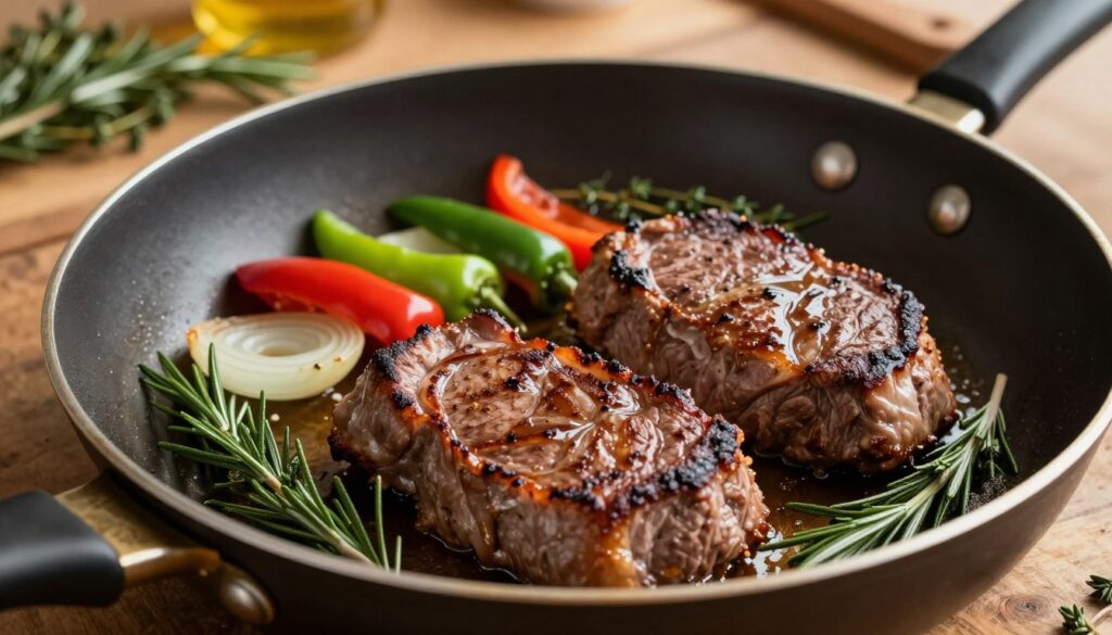 A close-up scene of meat preparation on a frying pan, showcasing rich, marinated game meat sizzling in a hot skillet. The foreground features a well-seasoned, browned cut of venison, glistening with oil and surrounded by fresh herbs like rosemary and thyme. In the middle, vividly colored vegetables such as bell peppers and onions are nearby, ready to be added. The pan is set on a rustic wooden countertop, enhancing the home-cooked vibe. Soft, warm lighting creates an inviting atmosphere, hinting at a cozy kitchen setting. The background reveals blurred kitchen tools and herbs, emphasizing the focus on the meat. The angle is slightly overhead, capturing the details of the cooking process while ensuring a professional, appetizing presentation.