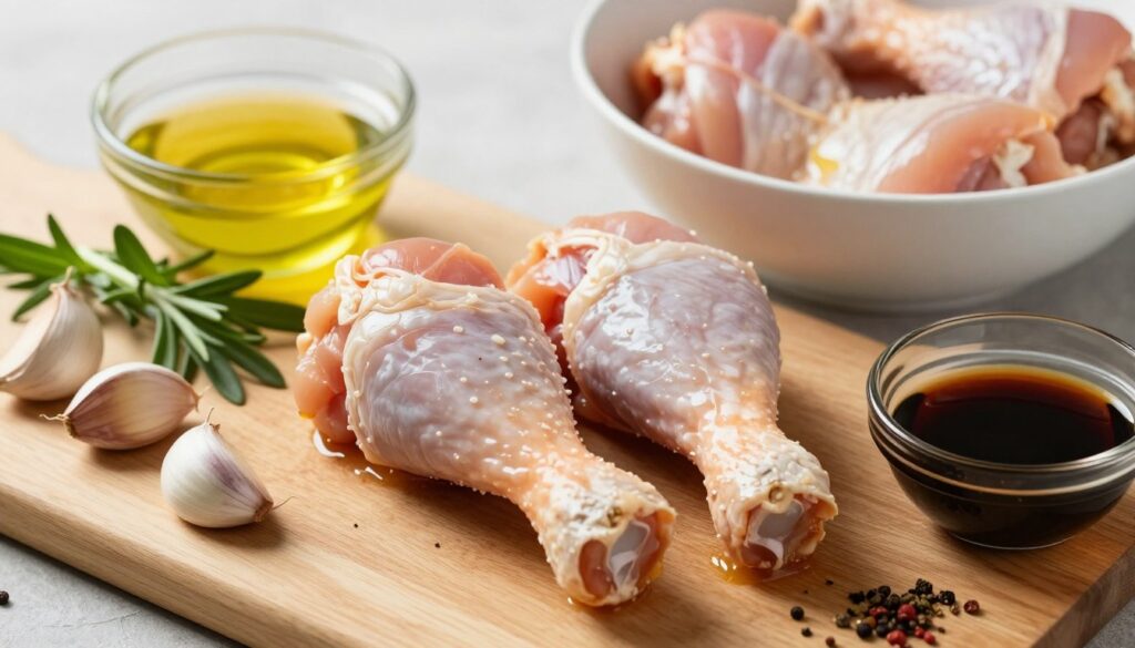 A close-up scene of preparing a marinade for chicken drumsticks, featuring a wooden cutting board surrounded by vibrant ingredients like garlic cloves, fresh herbs, a bowl of olive oil, soy sauce, and various spices neatly arranged. In the background, a bowl with marinated chicken drumsticks soaking in the aromatic mixture is partially visible. Soft, natural lighting highlights the freshness of the herbs and the glistening texture of the marinade, creating a warm, inviting atmosphere. The perspective should be slightly above the cutting board, capturing the textures and colors in detail while maintaining a clean and organized composition, emphasizing the process of marinating meat for grilling.