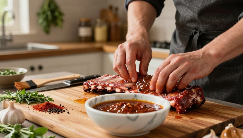 A close-up scene of preparing pork ribs for marinating, featuring a raw rack of ribs on a wooden cutting board. The foreground showcases a marble bowl filled with a rich, smoky BBQ marinade, accompanied by fresh herbs and spices like garlic, paprika, and black pepper. A chef, dressed in a professional apron, is gently massaging the marinade into the meat, their hands partially visible. The middle ground highlights kitchen utensils, such as a basting brush and a sharp knife, arranged neatly. The background includes a softly lit kitchen environment with warm, inviting tones, displaying herbs hanging and jars of spices on shelves. The atmosphere evokes a sense of anticipation and culinary creativity. The lighting is warm and natural, creating a homely, appetizing mood.