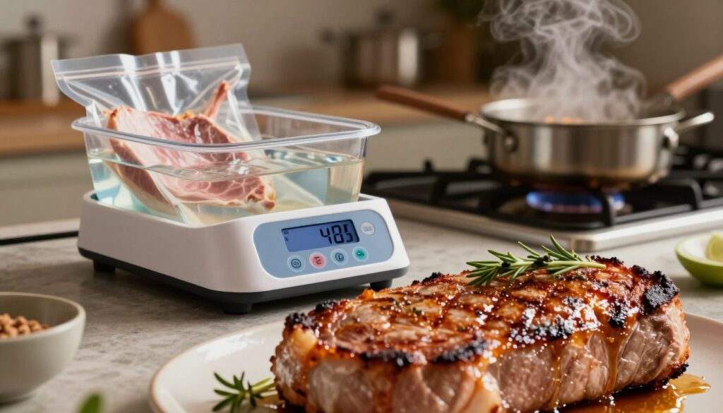 A close-up scene showcasing various thermal cooking techniques that enhance meat tenderness and juiciness. In the foreground, there's a perfectly seared pork tenderloin, glistening with juices and garnished with fresh herbs. In the middle, a modern sous-vide setup with a temperature control unit, water bath, and vacuum-sealed bags is depicted, demonstrating precision in cooking. The background features a softly lit kitchen environment, with blurred pots and pans simmering on a stove, emitting steam, creating a warm and inviting atmosphere. The lighting is soft and focused on the meat, highlighting its texture and glaze, while subtle shadows add depth. The overall mood is professional yet cozy, perfect for culinary inspiration.