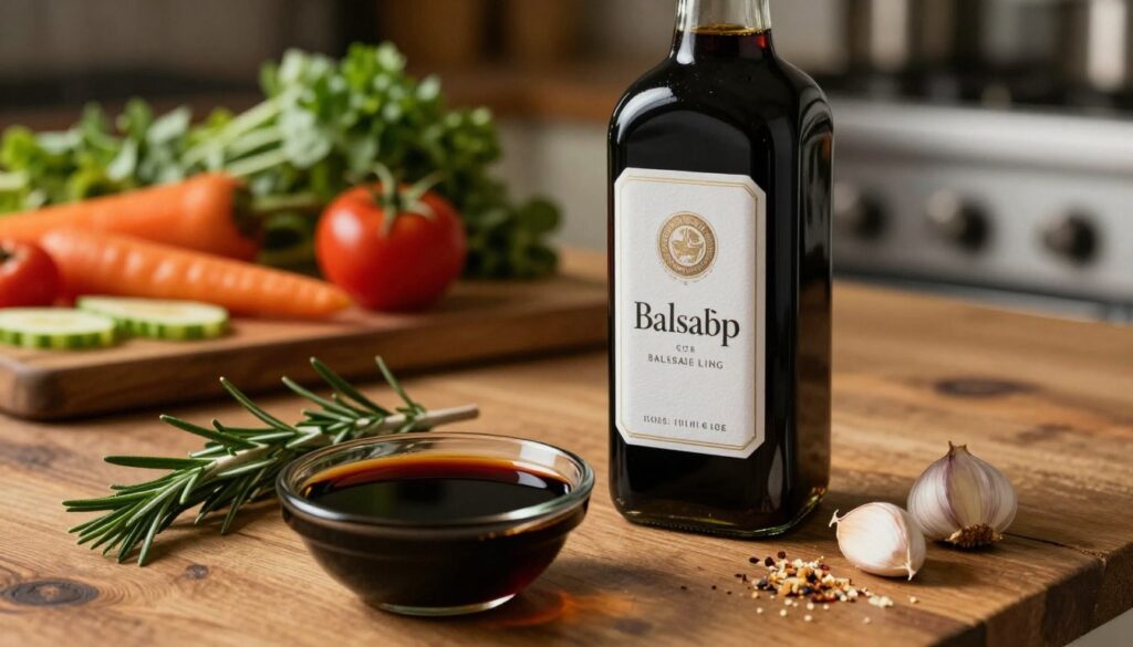 A close-up shot of a dark glass bottle of balsamic vinegar, elegantly set on a rustic wooden kitchen table. The bottle's label is artisanal and minimalistic, suggesting high quality. In the foreground, a small dish of glossy, dark balsamic vinegar is shown, reflecting the light with a rich, deep hue. Sprigs of fresh rosemary and crushed garlic cloves are scattered around, enhancing the composition. In the background, softly blurred, a vibrant array of colorful vegetables and herbs suggest a fresh marinade preparation, with warm, inviting lighting that casts gentle shadows. The overall atmosphere is cozy and sophisticated, evoking a sense of culinary artistry and the delicate process of marinating meat. The angle is slightly above, providing a clear view of the bottle and the dish while capturing the inviting ambiance of a professional kitchen setting.