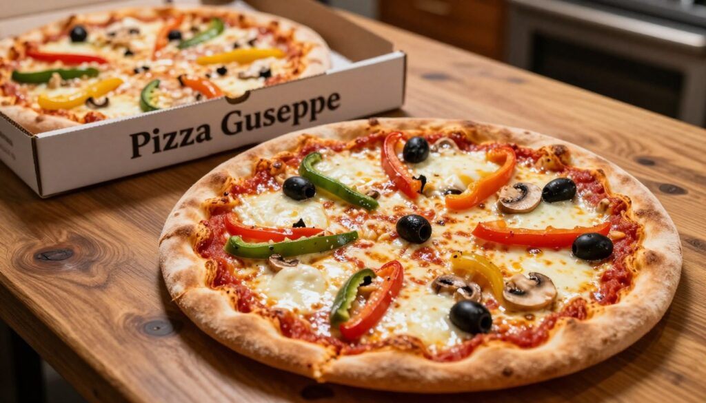 A close-up shot of a freshly baked "Pizza Guseppe" on a rustic wooden table, revealing its golden-brown crust topped with rich tomato sauce, melted mozzarella cheese, and a medley of vibrant vegetables like bell peppers, mushrooms, and black olives. In the background, a partially open pizza box reveals the frozen version of this pizza, hinting at its journey from frozen to oven. Soft, warm lighting enhances the inviting atmosphere, illuminating the cheese's gooey texture and the pizza's enticing toppings. The angle is slightly overhead, capturing both the pizza and box with a cozy kitchen setting, suggesting a homey, delicious experience in preparing frozen pizza creatively.
