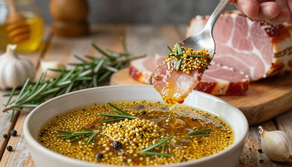 A close-up shot of a homemade "marynata szynki," showcasing a vibrant mixture of spices, herbs, and ingredients like garlic, honey, and mustard. The foreground features a beautifully arranged bowl filled with the marinade, surrounded by fresh herbs and spices such as rosemary and peppercorns. In the middle of the image, slices of succulent ham can be seen being brushed with the marinade, glistening under soft, warm lighting. The background includes a rustic wooden table and a blurred kitchen setting with cooking utensils, enhancing the homely atmosphere. This scene reflects warmth and a sense of culinary tradition, inviting the viewer to explore the art of marinating meat. Capture this in a natural, inviting light, with a shallow depth of field to emphasize the marinated ham and ingredients.