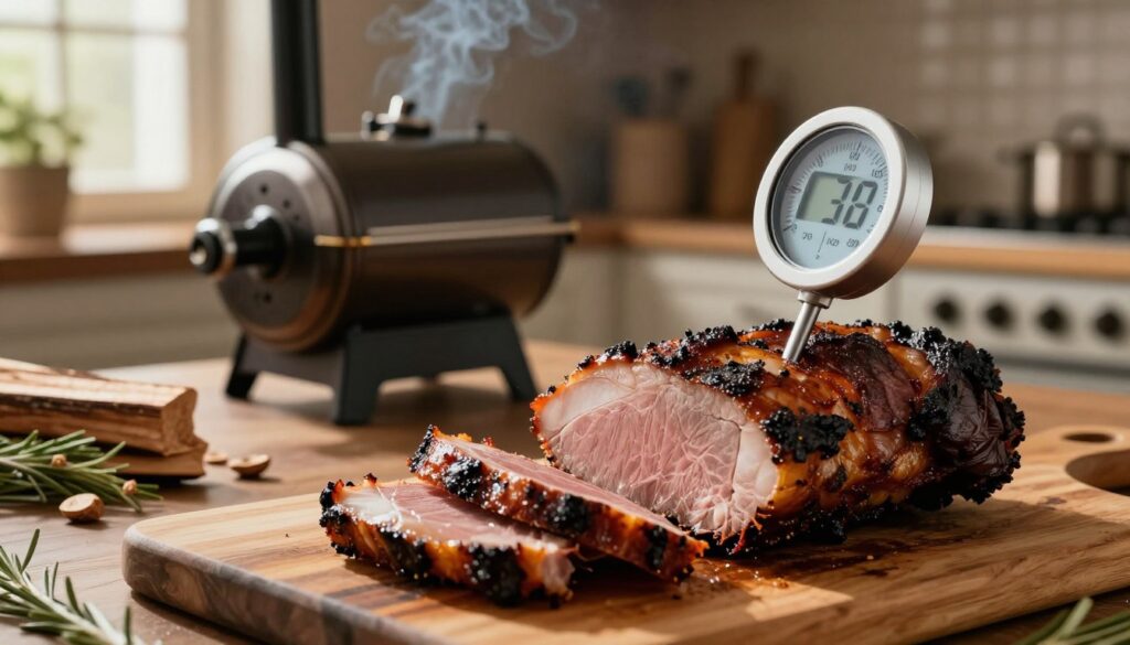 A close-up shot of a perfectly smoked piece of meat being sliced on a wooden cutting board, showcasing its juicy interior and the rich, smoky texture. In the foreground, a digital thermometer inserted into the meat displays an optimal internal temperature, highlighting the focus on proper smoking techniques. The middle layer features a rustic setting with a traditional smoker in soft focus, surrounded by aromatic wood chips and herbs. The background is a warm, inviting kitchen atmosphere, with ambient light filtering through nearby windows, casting a gentle glow on the scene. The overall mood is cozy and homely, emphasizing the craft of smoking meat, and celebrating the science behind achieving perfect results.