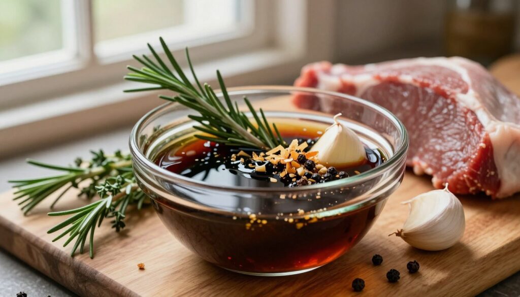 A close-up shot of a rich, aromatic marinade for game meat, showcasing a glass bowl filled with a blend of ingredients: fresh herbs like rosemary and thyme, crushed garlic cloves, peppercorns, and a splash of dark, flavorful balsamic vinegar. Surrounding the bowl, there's a wooden cutting board with a few sprigs of the herbs and raw game meat, perhaps a cut of venison, to indicate preparation. In the background, soft, natural light filters through a rustic kitchen window, creating a warm, inviting atmosphere. The focus is sharp on the marinade and ingredients, while the background is gently blurred to emphasize the culinary elements, evoking a sense of warmth and home cooking.