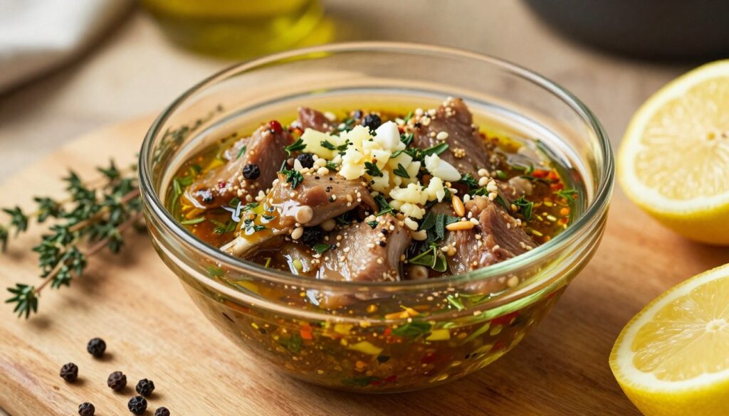 A close-up shot of a vibrant, homemade universal marinade for pork rib, displayed in a glass bowl. The marinade should be a rich, glossy mixture featuring key ingredients like minced garlic, fresh herbs, olive oil, and spices, with an emphasis on colors and textures. Surrounding the bowl, scattered ingredients such as whole black peppercorns, sprigs of thyme, and a halved lemon evoke a fresh cooking atmosphere. Soft, natural lighting streams in from the side, casting gentle shadows and highlighting the aroma of the marinade. In the background, a rustic wooden kitchen countertop adds warmth, intensifying the inviting ambiance of culinary creation. The image captures the essence of cooking, leaving viewers eager to explore the versatility of the marinade.