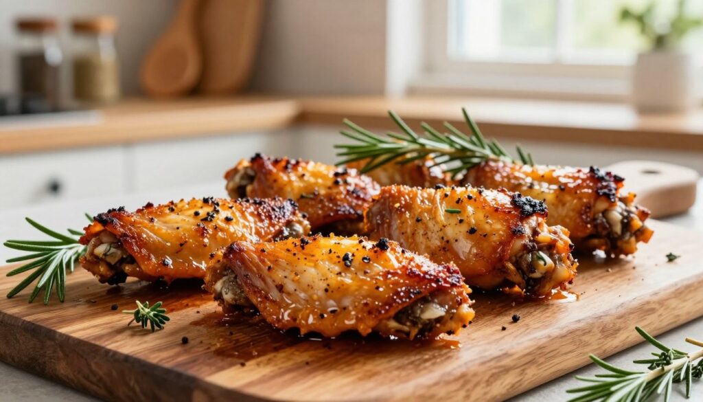 A close-up shot of beautifully marinated chicken wings, arranged artfully on a rustic wooden cutting board. The wings are golden brown with a crispy, charred skin, glistening with a flavorful marinade that hints at spices and herbs. Fresh sprigs of rosemary and thyme are scattered around the wings, adding vibrant green contrast. In the background, softly blurred, is a warm kitchen setting, showcasing wooden utensils and spice jars. Natural light streams in from a nearby window, casting a soft glow over the scene, enhancing the appetizing texture of the chicken. The overall mood is inviting and homely, perfect for illustrating the process of marinating chicken wings.