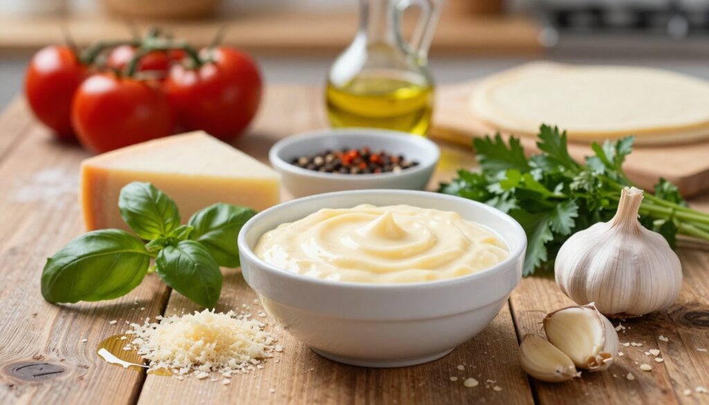 A close-up shot of essential ingredients for a creamy cheese sauce, beautifully arranged on a rustic wooden table. In the foreground, there's a bowl of melted cheese, surrounded by grated Parmesan, fresh herbs like basil and parsley, minced garlic, and a drizzle of olive oil. In the middle, a small dish holds a blend of spices, including black pepper and paprika. The background features a cozy kitchen setting with a blurred view of ingredients like tomatoes and pizza dough, enhancing the cooking atmosphere. Soft, warm lighting highlights the creamy texture of the cheese and the rich colors of the herbs, creating an inviting and delicious mood. The focus is sharp on the ingredients, while the background softly fades away, drawing attention to the key components of the cheese sauce.