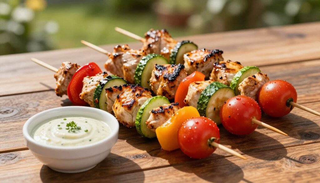 A close-up shot of grilled chicken skewers, glistening with marinade, laid out on a rustic wooden table. The skewers are garnished with vibrant bell peppers, zucchinis, and cherry tomatoes, showcasing a colorful array of ingredients. In the foreground, a small bowl of wholesome dipping sauce is artistically placed beside the skewers, emphasizing the dish's nutritional value. The background features a sunlit outdoor setting with a blurred garden, enhancing the warm and inviting atmosphere. The lighting is soft and natural, casting gentle shadows that highlight the textures of the grilled meat and vegetables. The image captures a healthy and appetizing vibe, ideal for a culinary article focused on nutritious grilled dishes. A close-up shot of grilled chicken skewers, glistening with marinade, laid out on a rustic wooden table. The skewers are garnished with vibrant bell peppers, zucchinis, and cherry tomatoes, showcasing a colorful array of ingredients. In the foreground, a small bowl of wholesome dipping sauce is artistically placed beside the skewers, emphasizing the dish's nutritional value. The background features a sunlit outdoor setting with a blurred garden, enhancing the warm and inviting atmosphere. The lighting is soft and natural, casting gentle shadows that highlight the textures of the grilled meat and vegetables. The image captures a healthy and appetizing vibe, ideal for a culinary article focused on nutritious grilled dishes.