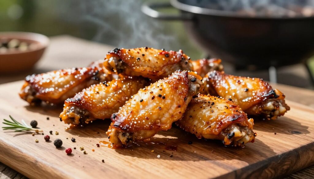 A close-up shot of grilled chicken wings showcased on a rustic wooden table. The wings are glistening with a flavorful marinade, highlighting a rich, golden hue with a hint of spice and sweetness. In the foreground, a few herbs and spices are artfully scattered, adding color and texture. The background features a softly blurred barbecue grill and hints of smoke, creating a warm, inviting atmosphere. Natural sunlight filters in, casting gentle shadows and enhancing the glossy finish of the wings. The overall mood is appetizing and homely, ideal for a casual summer gathering. The composition should have an inviting angle, focusing on the deliciously grilled wings, emphasizing their delightful appearance without any text or distractions.