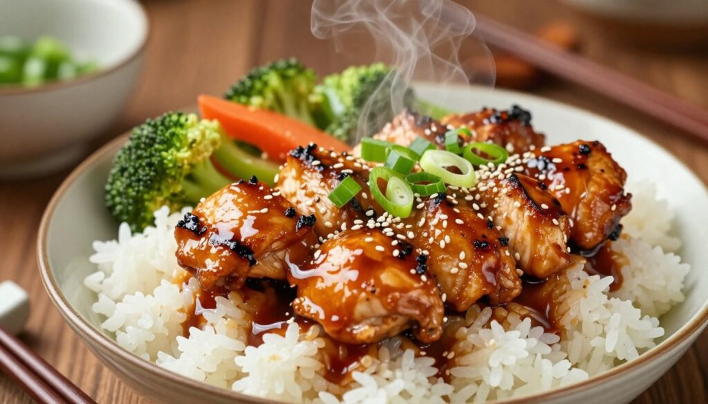 A close-up view of a beautifully arranged plate of teriyaki chicken, glazed with rich, glossy teriyaki sauce. The chicken is perfectly grilled, garnished with slices of green onions and sesame seeds, resting on a bed of steaming white rice. In the background, vibrant stir-fried vegetables featuring bell peppers, broccoli, and carrots add color and freshness to the scene. Soft, warm lighting from above creates inviting reflections on the sauce, enhancing its richness. The entire setting is styled with Asian tableware, including a traditional ceramic bowl and chopsticks on the side, placed on a wooden table. The overall mood is appetizing and inviting, showcasing the fusion of flavors in Asian cuisine.
