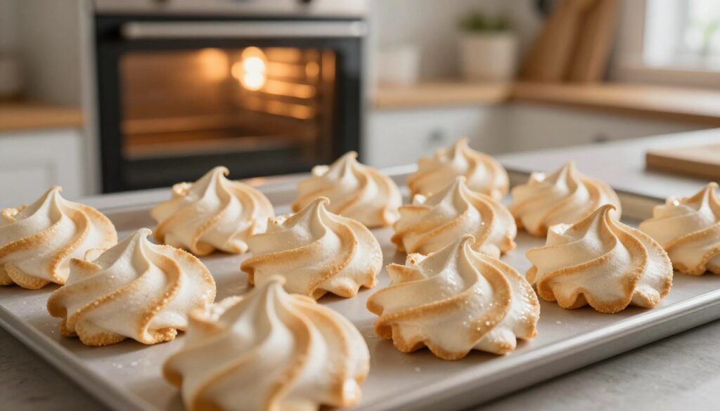 A close-up view of a beautifully arranged tray of perfectly dried meringues, showcasing a delicate golden-brown exterior and a light, airy interior. The foreground features several whimsical, spiraled meringue shapes, each with a glossy finish, glistening under soft, warm kitchen lighting. In the background, an oven door is slightly open, revealing a glimpse of the gentle heat emanating from inside, with a hint of rustic kitchen decor such as wooden shelves filled with baking utensils. The atmosphere is cozy and inviting, evoking the comforting essence of baking. The image should have a soft focus on the tray, creating an intimate feel, highlighting the meringues as the central subject, with the warm lighting enhancing their texture and sweetness.