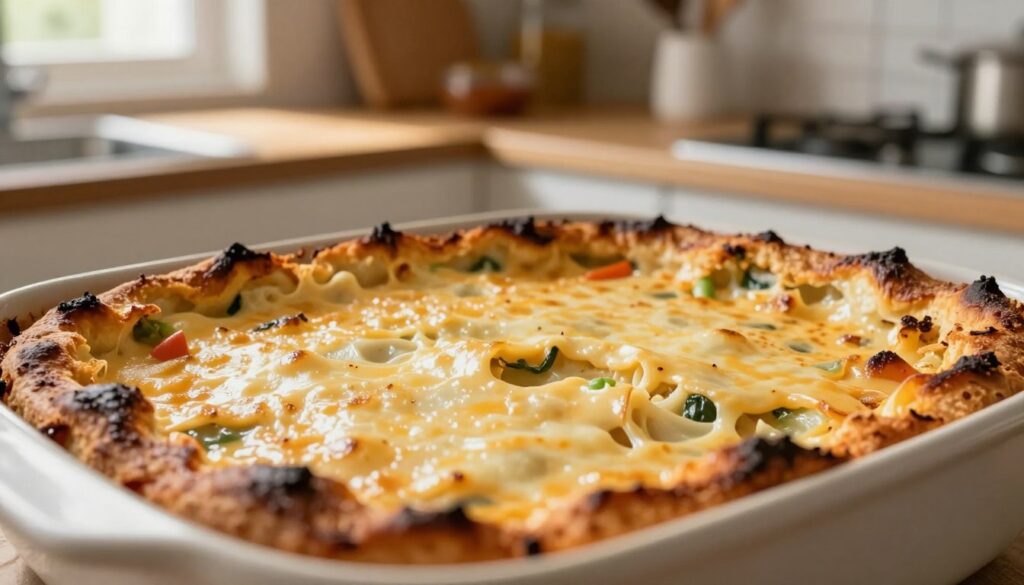 A close-up view of a beautifully baked casserole dish, showcasing common baking mistakes. In the foreground, a slightly burnt top crust with uneven browning is visible, hinting at overcooking. In the middle, a thick, undercooked layer of cheese reveals an uncooked center, while bits of raw vegetables peek through. In the background, a kitchen setting with warm, ambient lighting creates a cozy atmosphere, featuring a wooden countertop adorned with cooking utensils and spices. Soft natural light streams in from a window, casting gentle shadows. The image captures the essence of a culinary learning moment, emphasizing the importance of proper baking techniques for achieving a perfectly crispy top and hot interior.