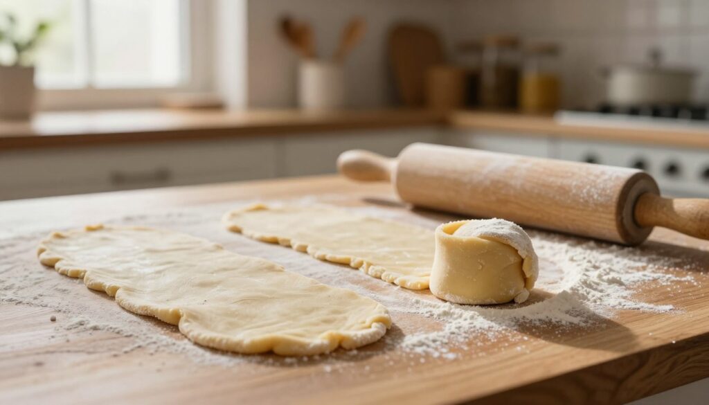 A close-up view of a beautifully floured wooden surface, showcasing various thicknesses of cookie dough ready for baking. In the foreground, there are two different dough rolls: one thin, lightly rolled out to approximately 1/8 inch and another chunkier, standing at about 1/2 inch in thickness. A rolling pin is resting beside them, dusted with flour. In the middle ground, the image captures a rustic kitchen ambiance, with a soft, warm light cascading in from a nearby window, highlighting the textures of the dough and the wood grain of the surface. The background features softly blurred shelves filled with baking tools and spices, creating a homey atmosphere. The overall mood is inviting and informative, emphasizing the importance of dough thickness in baking. A close-up view of a beautifully floured wooden surface, showcasing various thicknesses of cookie dough ready for baking. In the foreground, there are two different dough rolls: one thin, lightly rolled out to approximately 1/8 inch and another chunkier, standing at about 1/2 inch in thickness. A rolling pin is resting beside them, dusted with flour. In the middle ground, the image captures a rustic kitchen ambiance, with a soft, warm light cascading in from a nearby window, highlighting the textures of the dough and the wood grain of the surface. The background features softly blurred shelves filled with baking tools and spices, creating a homey atmosphere. The overall mood is inviting and informative, emphasizing the importance of dough thickness in baking.