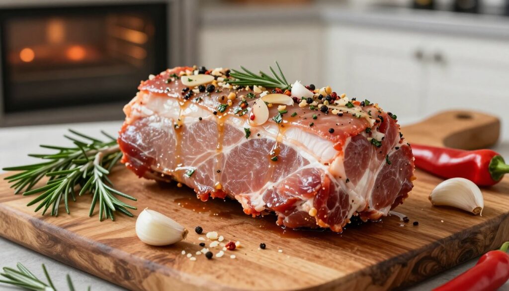 A close-up view of a beautifully marinated karkówka (pork neck) laid on a rustic wooden cutting board. The meat, glistening with a rich marinade featuring garlic, herbs, and spices, showcases its juicy texture. Surrounding the meat are fresh ingredients like rosemary sprigs, crushed garlic cloves, and vibrant red paprika, creating a harmonious color palette. Soft, natural light bathes the scene, highlighting the meat’s marbling and the freshness of the herbs, evoking a warm, inviting kitchen atmosphere. In the blurred background, an oven preheating, suggesting the anticipation of cooking. The angle slightly overhead captures both the preparation process and the delectable details of the ingredients, making it an enticing representation of preparing tender pork for roasting.