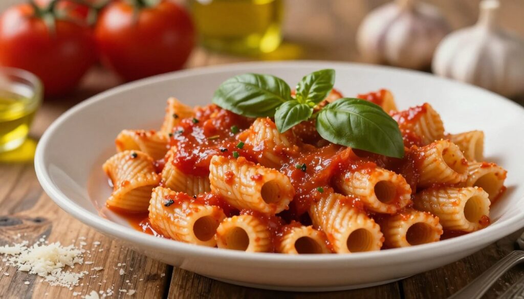 A close-up view of a beautifully plated dish of macaroni pasta coated in a rich, thick tomato sauce, garnished with fresh basil leaves. The macaroni should be al dente, glistening slightly from the sauce, showcasing the velvety texture that suggests a robust flavor. In the foreground, include a rustic wooden table with a sprinkle of grated parmesan and a glint of olive oil to indicate freshness. In the background, softly blurred, hint at ingredients like ripe tomatoes, garlic, and herbs, enhancing the Italian cooking theme. Use warm, inviting lighting to cast a golden hue across the scene, creating a cozy, appetizing atmosphere, reminiscent of a traditional Italian kitchen. The angle should be slightly tilted downwards to focus on the pasta, allowing for a feel of depth and intimacy with the dish.