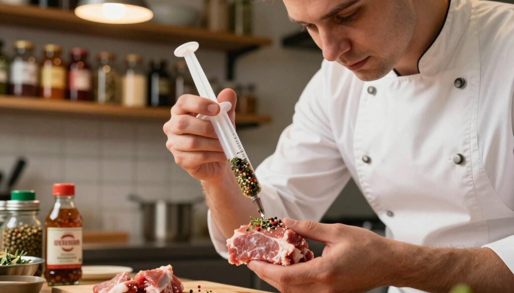 A close-up view of a chef injecting marinade into a piece of raw meat, showcasing the process of "nastrzykiwanie mięsa." The chef, wearing a white apron and a professional shirt, is focused intently on the task. The syringe is filled with vibrant herbs and spices, glistening in the kitchen's warm light. In the background, shelves neatly stocked with various marinades and spice jars can be seen, creating an organized and inviting atmosphere. The kitchen is well-lit, with soft overhead lighting highlighting the textures of the meat and the chef's careful technique. The mood conveys a sense of professionalism and dedication to culinary arts, perfect for showcasing this essential cooking method.