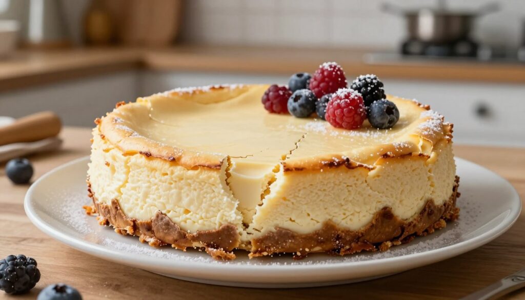 A close-up view of a cracked cheesecake, showcasing its textured surface and deep fissures across the creamy top. The cheesecake sits elegantly on a simple white plate, garnished with fresh berries and a light dusting of powdered sugar. In the background, a blurred kitchen setting includes wooden shelves with baking tools, creating a warm and inviting atmosphere. Soft, natural light filters in, casting gentle shadows that emphasize the cheesecake's imperfections, symbolizing baking challenges. The mood is one of culinary exploration, inviting the viewer to reflect on the common pitfalls of baking. The composition focuses on the dessert, capturing its delicate details without any distractions. A close-up view of a cracked cheesecake, showcasing its textured surface and deep fissures across the creamy top. The cheesecake sits elegantly on a simple white plate, garnished with fresh berries and a light dusting of powdered sugar. In the background, a blurred kitchen setting includes wooden shelves with baking tools, creating a warm and inviting atmosphere. Soft, natural light filters in, casting gentle shadows that emphasize the cheesecake's imperfections, symbolizing baking challenges. The mood is one of culinary exploration, inviting the viewer to reflect on the common pitfalls of baking. The composition focuses on the dessert, capturing its delicate details without any distractions.
