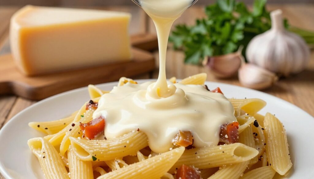 A close-up view of a creamy cheese sauce, rich and smooth, poured over a plate of al dente pasta. The foreground features the vibrant colors of the pasta intertwined with the luscious sauce, glistening under soft, natural light. The middle ground shows fresh ingredients like a block of creamy cheese, garlic cloves, and sprigs of parsley arranged aesthetically. In the background, a rustic wooden table adds warmth, hinting at a cozy kitchen ambiance. The scene is captured from a slightly elevated angle to emphasize the textures of the sauce. The overall mood is inviting and homely, suggesting a quick and satisfying meal perfect for any day.