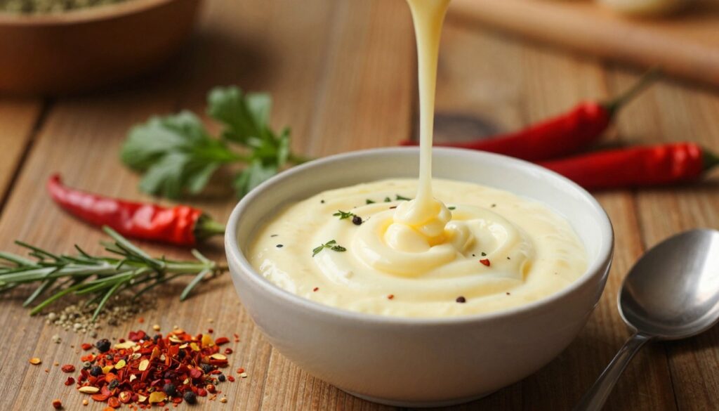 A close-up view of a creamy cheese sauce, rich and velvety, showcasing various flavor variations like herbs, spices, and chili peppers blended in. In the foreground, the sauce is poured into a small, elegant ceramic bowl, with a spoon resting beside it, glistening under soft, warm lighting. The middle ground features an assortment of ingredients – fresh herbs, colorful spices, and chili flakes artistically arranged around the bowl, enhancing the sensory appeal. The background is softly blurred, featuring a rustic wooden table setting that adds warmth and a homey feel. The atmosphere is inviting and cozy, evoking a sense of comfort associated with indulgent, baked dishes. The angle is slightly elevated, capturing both the bowl and the ingredients in a harmonious composition. The colors are vibrant and inviting, creating an overall mood of culinary richness and satisfaction.