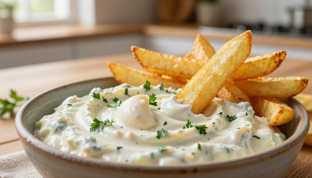 A close-up view of a creamy garlic and herb dip served in a rustic bowl, with fresh ingredients artfully arranged around it. The foreground features a luscious, smooth white dip, garnished with chopped parsley and garlic cloves. To the side, crispy golden French fries are elegantly placed, invitingly dipping into the sauce. In the middle background, a wooden table adds warmth, while a soft-focus kitchen setting creates a cozy atmosphere. Natural sunlight filters through a nearby window, casting a warm glow over the scene, enhancing the appetizing colors. The image conveys a sense of warmth and comfort, perfect for a quick, easy cold dip recipe.