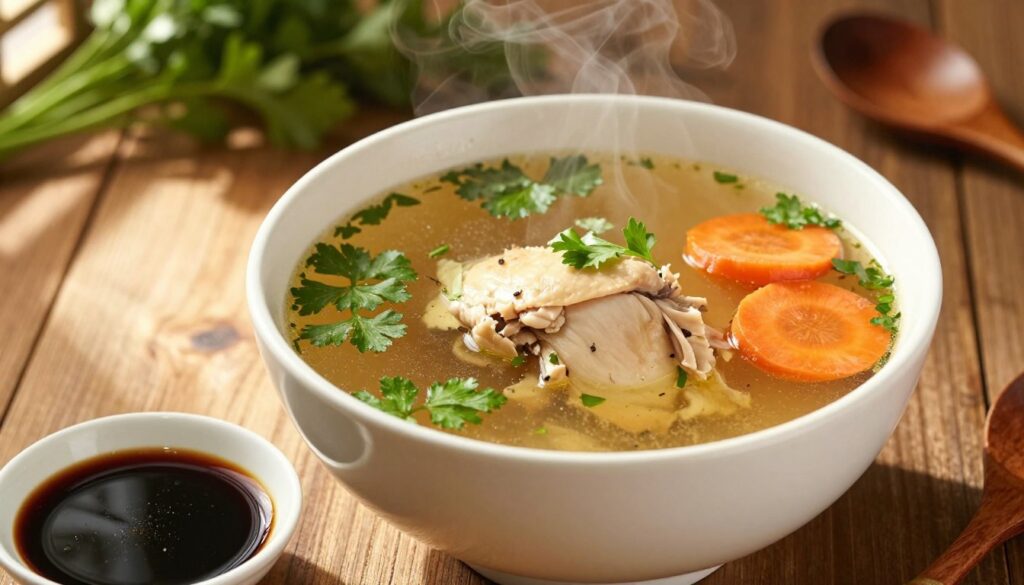 A close-up view of a elegant bowl of homemade chicken broth, steaming gently, surrounded by a rustic wooden table setting. The broth is garnished with vibrant green parsley and thin slices of carrot, creating a warm and inviting atmosphere. In the foreground, a small dish of dark, glossy soy sauce with a subtle shimmer reflects the light, emphasizing its rich color. A soft, golden light filters in from the left, casting gentle shadows and highlighting the textures of the broth and soy sauce. In the background, slightly blurred, rustic kitchen elements like herbs and a wooden spoon hint at a cozy and homely cooking environment. The overall mood is warm, inviting, and appetizing, perfectly showcasing the harmony between the soy sauce and the broth.