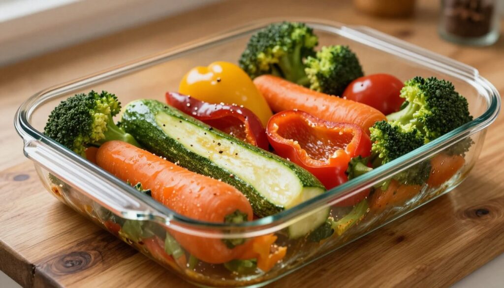 A close-up view of a glass baking dish filled with a colorful assortment of fresh vegetables, such as bell peppers, zucchini, carrots, and broccoli, artfully arranged for roasting. The vibrant colors of the vegetables are enhanced by warm, natural lighting, creating a cozy and inviting atmosphere. The dish is placed on a rustic wooden kitchen counter, with hints of kitchen utensils and spices subtly blurred in the background. The angle is slightly elevated to capture the texture and details of the vegetables, showcasing their freshness and appeal. The scene conveys a sense of warmth and home-cooked goodness, perfect for a culinary setting focused on healthy additions to a savory dish.