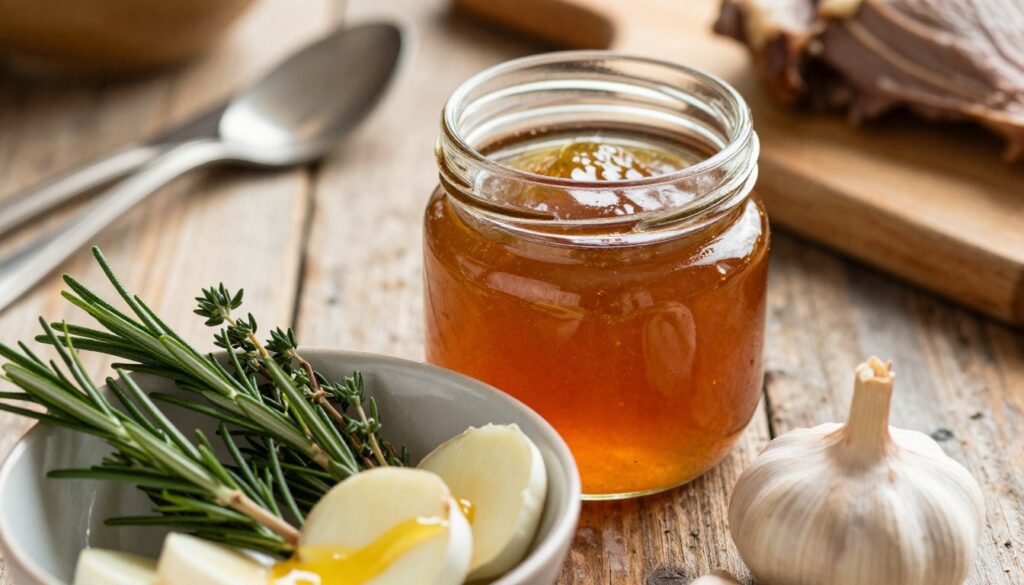 A close-up view of a gourmet marinade for goose, set on a rustic wooden table. In the foreground, a bowl filled with vibrant ingredients: fresh herbs like rosemary and thyme, slices of garlic, and a drizzle of rich golden honey. In the middle, a vibrant glass jar showcasing the prepared marinade, with its rich and glossy consistency glistening under soft, warm lighting. In the background, blurred kitchen utensils and a wooden cutting board add context, suggesting a cozy cooking atmosphere. The overall mood is inviting and aromatic, evoking the sense of a home-cooked meal. The image is captured from a slight overhead angle, emphasizing the layers and textures of the ingredients.