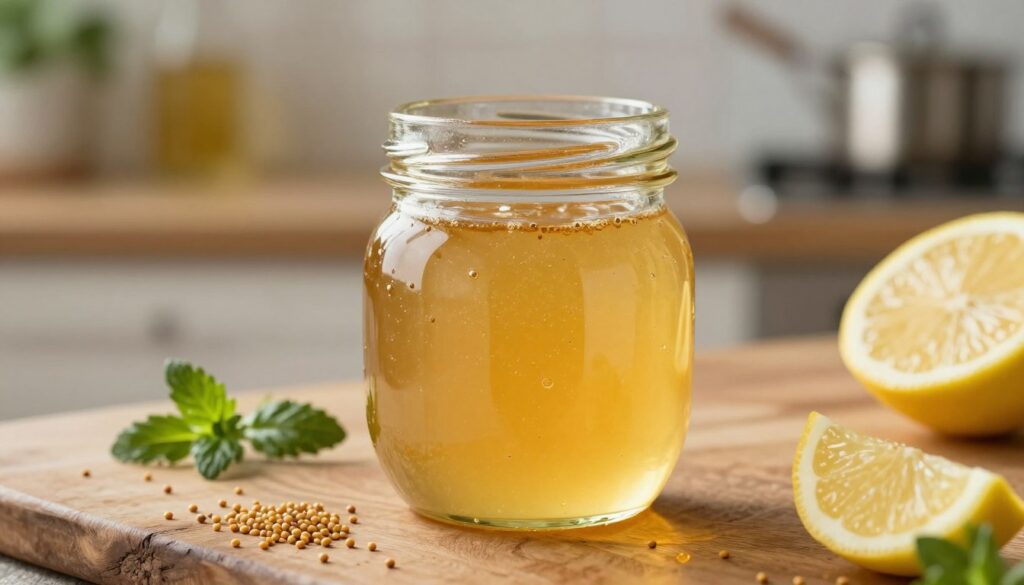 A close-up view of a jar of golden honey, glistening under warm, soft lighting. The jar is placed on a rustic wooden countertop, surrounded by natural ingredients such as mustard seeds, fresh herbs, and a slice of lemon, which hint at the zesty flavor profile of honey mustard marinade. In the background, blurred out, is a gentle kitchen scene featuring hints of greenery and cooking utensils. The overall atmosphere is cozy and inviting, conveying the essence of a home-cooked meal preparing process. Shot with a shallow depth of field to emphasize the details of the honey and its surroundings, creating a warm, appetizing mood perfect for food-related content. A close-up view of a jar of golden honey, glistening under warm, soft lighting. The jar is placed on a rustic wooden countertop, surrounded by natural ingredients such as mustard seeds, fresh herbs, and a slice of lemon, which hint at the zesty flavor profile of honey mustard marinade. In the background, blurred out, is a gentle kitchen scene featuring hints of greenery and cooking utensils. The overall atmosphere is cozy and inviting, conveying the essence of a home-cooked meal preparing process. Shot with a shallow depth of field to emphasize the details of the honey and its surroundings, creating a warm, appetizing mood perfect for food-related content.