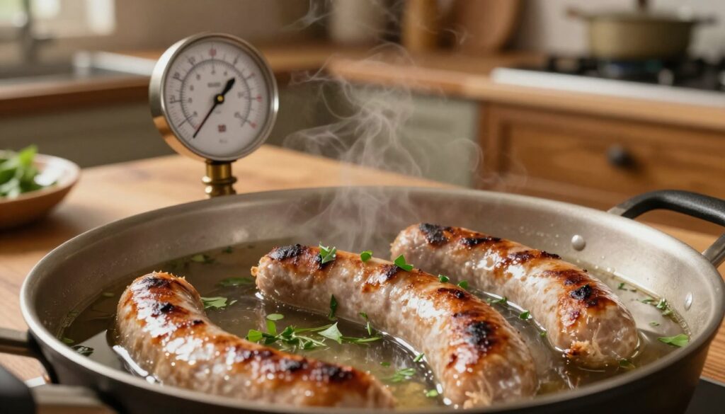 A close-up view of a pot simmering with sausages, showcasing the steaming, juicy sausages submerged in clear broth. The foreground features several perfectly browned sausages, glistening with moisture, alongside chopped herbs for garnish. In the middle, a rustic wooden table holds a vintage thermometer displaying the optimal temperature for simmering. The background captures a softly lit kitchen with warm ambient lighting, adding a cozy atmosphere, with wooden cabinets and utensils subtly detailed. The scene conveys a sense of warmth and comfort, inviting the viewer to appreciate the process of cooking sausages to achieve ideal juiciness.