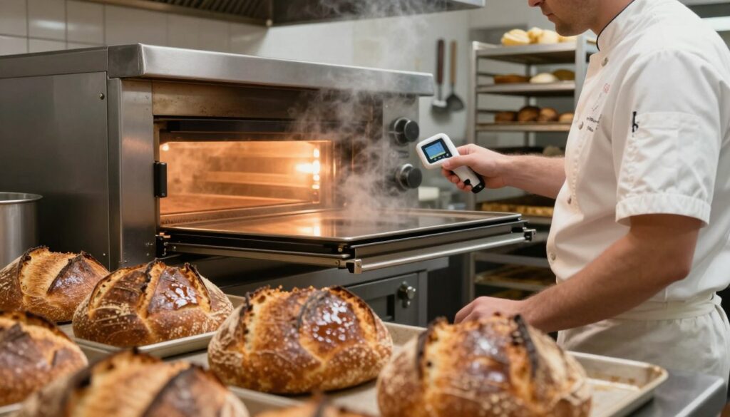 A close-up view of a professional kitchen during the bread baking process, highlighting a baker wearing a white chef's uniform, checking the temperature of a large, vintage oven with a digital thermometer. In the foreground, there are trays of freshly baked sourdough loaves with glossy crusts, their textures glistening under soft, warm kitchen lighting. The middle ground features an oven door slightly ajar, steam billowing out, illuminating the room with a golden glow. In the background, shelves hold various baking tools and ingredients, creating an organized yet bustling atmosphere. The entire scene is captured from a slightly elevated angle, suggesting a sense of oversight and control in the baking process. The mood is warm and inviting, conveying the artistry and precision of creating perfect sourdough.