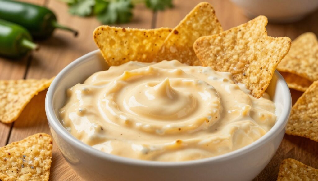 A close-up view of a rich, creamy cheese dip for nachos, served in a stylish bowl. The dip appears thick and velvety, glistening under soft, warm lighting that creates a cozy atmosphere. Surrounding the bowl are crispy, golden nachos with a lightly salted finish, inviting to be dipped. In the background, a tastefully arranged wooden table enhances the casual yet elegant setting, with a few scattered fresh ingredients like jalapeños and cilantro for added texture and color. The image is captured from a slightly elevated angle, focusing on the deliciousness of the dip and nachos while maintaining an inviting ambiance, perfect for a home kitchen vibe. A close-up view of a rich, creamy cheese dip for nachos, served in a stylish bowl. The dip appears thick and velvety, glistening under soft, warm lighting that creates a cozy atmosphere. Surrounding the bowl are crispy, golden nachos with a lightly salted finish, inviting to be dipped. In the background, a tastefully arranged wooden table enhances the casual yet elegant setting, with a few scattered fresh ingredients like jalapeños and cilantro for added texture and color. The image is captured from a slightly elevated angle, focusing on the deliciousness of the dip and nachos while maintaining an inviting ambiance, perfect for a home kitchen vibe.