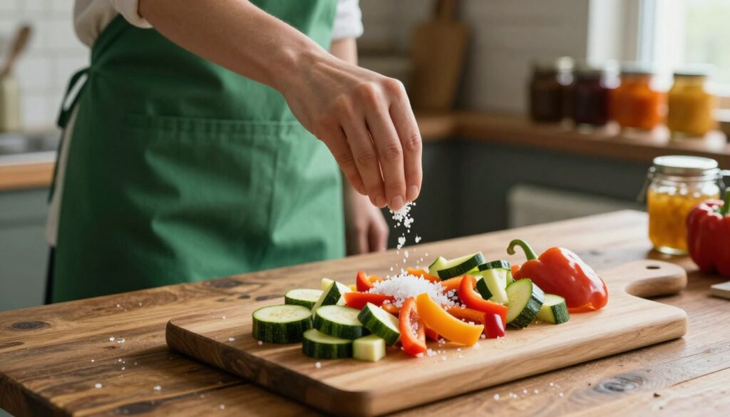 A close-up view of a rustic wooden table, featuring a hand sprinkling coarse sea salt over colorful diced vegetables, including zucchini and bell peppers, arranged artfully on a chopping board. The hand is wearing a simple, modest green apron, emphasizing a home-cooked feel. Soft, natural lighting filters through a nearby window, casting gentle shadows that enhance the textures of the vegetables. In the background, shelves filled with jars of homemade preserves create a warm, inviting atmosphere. The overall mood is cozy and homely, capturing the essence of culinary preparation and the essential role of salt in enhancing flavors in the cooking process. The scene is framed from a slightly elevated angle to showcase both the hand's action and the vibrant colors of the vegetables.