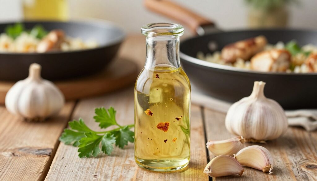 A close-up view of a small glass bottle filled with crispy garlic oil, resting on a rustic wooden kitchen table. The oil is golden with flecks of roasted garlic and herbs visible inside, catching the light. Surrounding the bottle, there are fresh garlic cloves and a few sprigs of parsley, creating a fresh and inviting atmosphere. In the background, softly blurred, there are cooking utensils and a pan with sizzling chicken and rice, hinting at a warm, homey kitchen setting. The lighting is warm and natural, emphasizing the textures of the garlic and oil, with a shallow depth of field focusing on the bottle while creating a bokeh effect with the background. The overall mood is cozy and appetizing, inviting the viewer to explore the culinary secret within.