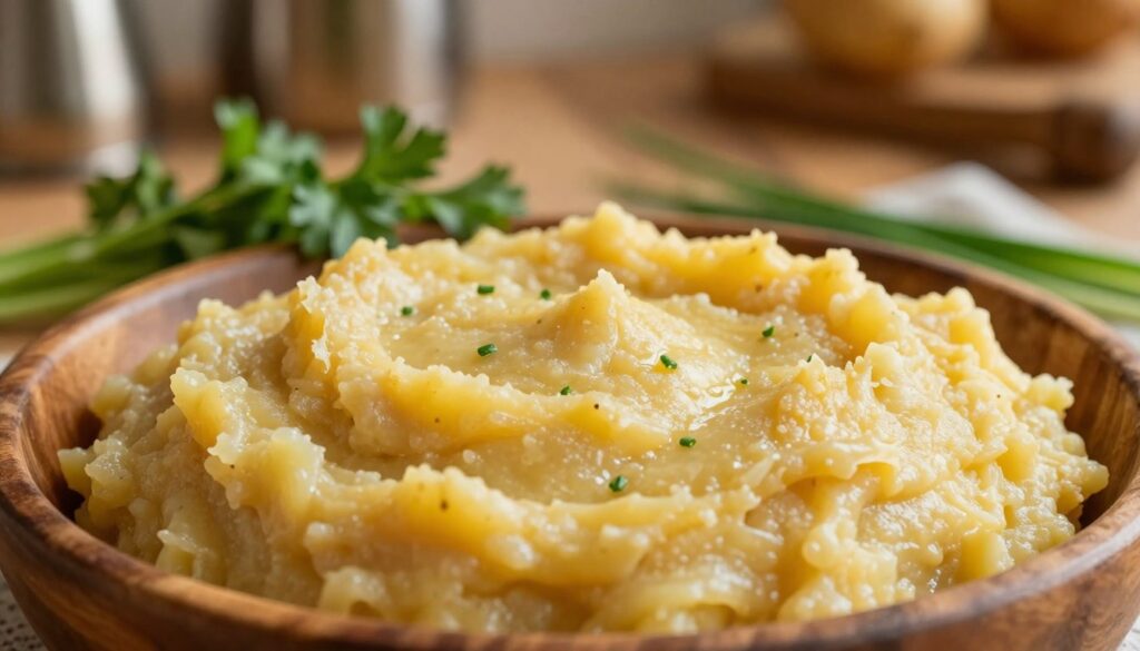 A close-up view of a smooth and creamy potato mass, showcasing its rich texture and color variations, with golden undertones. The foreground features a rustic wooden bowl filled with freshly prepared masa ziemniaczana, slightly glistening under warm, soft lighting. The middle ground includes a scattering of fresh herbs, such as parsley and chives, enhancing the freshness and richness of the dish. In the background, a blurred kitchen setting is visible, hinting at a warm, inviting atmosphere with vintage cooking utensils and a wooden table. The image captures a cozy, homey mood, evoking the comfort of traditional cooking. Use a shallow depth of field to emphasize the masa and create visual interest. A close-up view of a smooth and creamy potato mass, showcasing its rich texture and color variations, with golden undertones. The foreground features a rustic wooden bowl filled with freshly prepared masa ziemniaczana, slightly glistening under warm, soft lighting. The middle ground includes a scattering of fresh herbs, such as parsley and chives, enhancing the freshness and richness of the dish. In the background, a blurred kitchen setting is visible, hinting at a warm, inviting atmosphere with vintage cooking utensils and a wooden table. The image captures a cozy, homey mood, evoking the comfort of traditional cooking. Use a shallow depth of field to emphasize the masa and create visual interest.