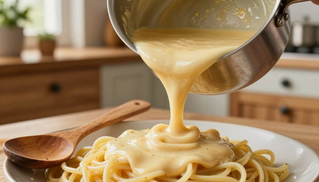 A close-up view of a thick, creamy sauce with no lumps, featuring a rich, golden-brown color, being poured from a polished stainless steel saucepan onto a plate of tender cooked pasta. The sauce glistens under soft, natural lighting, highlighting its smooth texture. In the foreground, a wooden spoon rests beside the saucepan, showing tiny flecks of seasoning. In the background, a rustic kitchen setting with wooden cabinets, herbs in pots, and a hint of sunlight filtering through a window creates a warm and inviting atmosphere. The composition emphasizes the sauce’s velvety consistency and the kitchen's homely feel, inspiring a sense of culinary comfort.