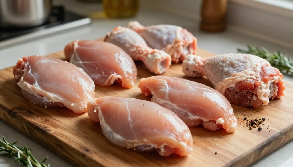 A close-up view of a variety of raw chicken meat cuts prepared for homemade chicken nuggets, displayed on a rustic wooden cutting board. The scene includes succulent breast fillets and tender thigh pieces, with a sprinkle of spices and fresh herbs surrounding the meat. Soft, natural lighting illuminates the ingredients, casting gentle shadows that enhance their textures. In the background, a kitchen setting is subtly blurred, with a hint of kitchen utensils and condiments, creating a warm, inviting atmosphere. The camera angle is slightly overhead, focusing on the freshness and quality of the meat, evoking an atmosphere of culinary creativity and home cooking.