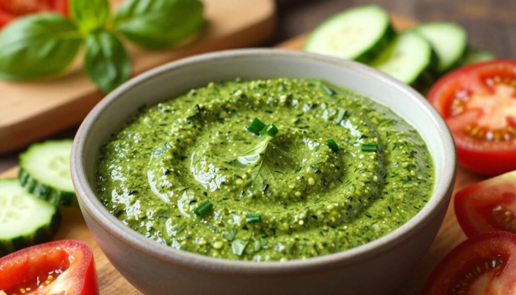 A close-up view of a vibrant green salad dressing in a small, rustic bowl, showcasing its rich texture and color. The dressing, made with fresh herbs like basil, parsley, and chives, appears glossy and appetizing, with tiny flecks of herbs visible throughout. Surrounding the bowl are fresh, chopped vegetables such as cucumbers, tomatoes, and bell peppers, emphasizing the dressing's purpose. In the background, a wooden cutting board and a sprig of herbs are subtly placed to enhance the culinary atmosphere. The lighting is warm and inviting, casting soft shadows and highlighting the freshness of the ingredients. The image captures a sense of healthiness and gourmet cooking, perfect for illustrating an aromatic dressing preparation.