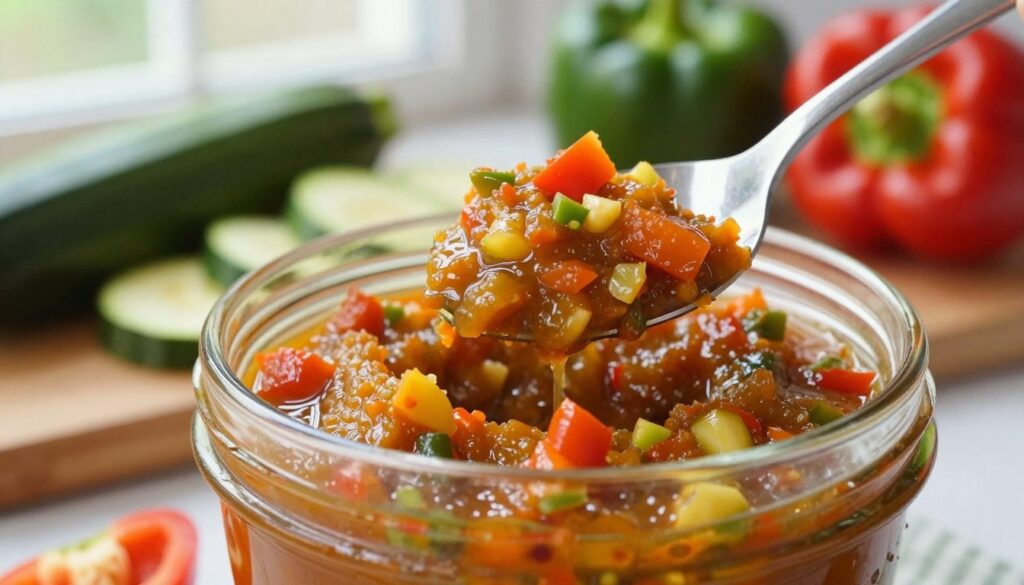 A close-up view of a vibrant, homemade sauce made from zucchini and bell peppers, showcasing its rich texture. The foreground features a clear glass jar filled with the sauce, spooned out to highlight its consistency, revealing chunky pieces of vegetables mixed with a smooth, glossy liquid. Background includes subtle, out-of-focus kitchen elements like a wooden cutting board with fresh zucchini and bell peppers, soft natural lighting filtering through a nearby window creates a warm, inviting atmosphere. The composition conveys a sense of homemade goodness, with an emphasis on the contrasting textures of blended versus chunky sauce. No text or overlays in the image, purely a visual representation of delicious home-cooked sauce.