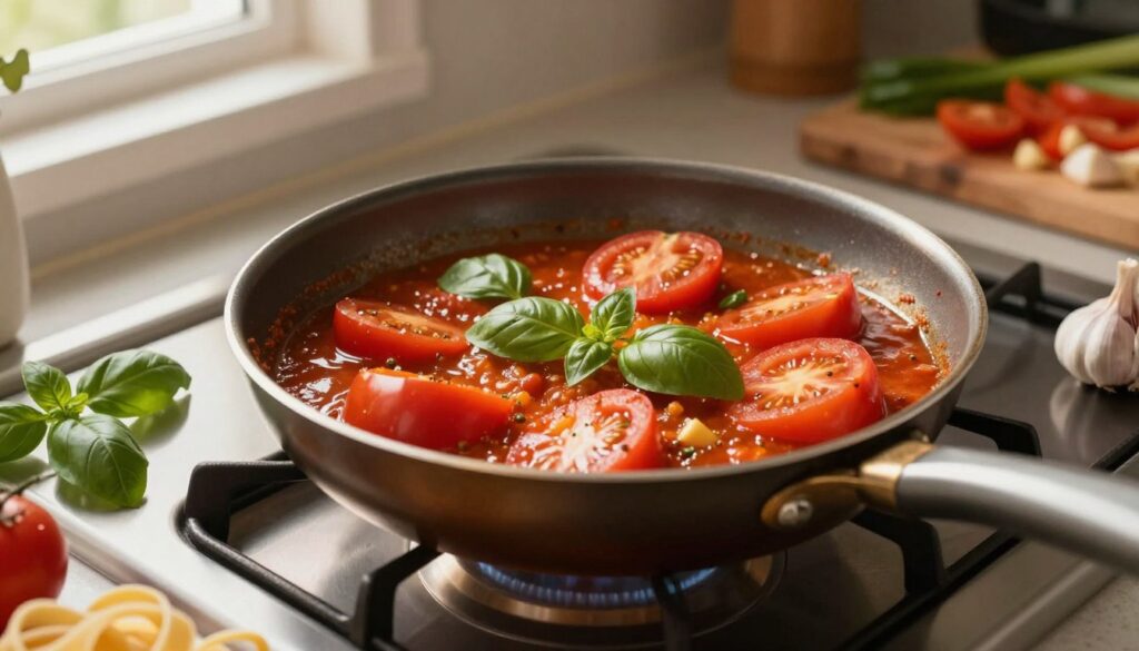 A close-up view of a well-worn frying pan on a stovetop, filled with a vibrant, simmering sauce made of ripe tomatoes, fresh basil, and garlic. The pan is surrounded by scattered ingredients like basil leaves, a clove of garlic, and pasta. Soft, warm light filters from a nearby window, casting gentle shadows that add depth. In the background, there are blurred kitchen utensils and a cutting board with chopped vegetables, creating a cozy cooking atmosphere. The angle is slightly elevated to capture the texture of the sauce and the gleam of the pan, emphasizing the technique of creating a perfect sauce. The overall mood is inviting and showcases a sense of culinary artistry.