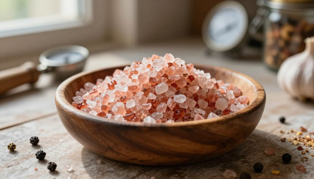 A close-up view of coarse, pink curing salt (sól peklowa) in a rustic wooden bowl, set on a weathered kitchen table. The textured salt grains shimmer under soft, warm natural light streaming through a nearby window, creating a cozy and inviting atmosphere. Surrounding the bowl, scattered spices like black peppercorns and crushed garlic hint at the flavors of ham brining. In the background, blurry kitchen tools like a meat thermometer and a jar of pickling spices add context. The focus remains on the salt, emphasizing its importance in the meat curing process. The image conveys a sense of tradition and the craftsmanship involved in home curing meat, with warm tones and a nostalgic ambiance.