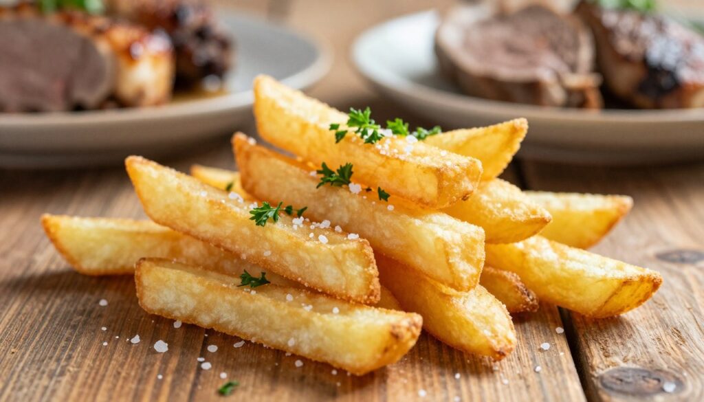 A close-up view of crispy golden "frytki" (fries) on a rustic wooden table, sprinkled with a hint of sea salt and garnished with fresh parsley. The fries are arranged in a way that showcases their texture and warmth, creating an inviting atmosphere. In the background, a blurred image of a succulent roasted veal dish on a plate, emphasizing the ideal pairing. Soft, natural lighting illuminates the scene, casting gentle shadows that enhance the details of the fries. The angle is slightly above the table, providing a mouthwatering perspective that draws the viewer’s attention to the delicious fries, perfect for complementing the tender taste of the roasted meat. The overall mood is warm, homey, and appetizing.