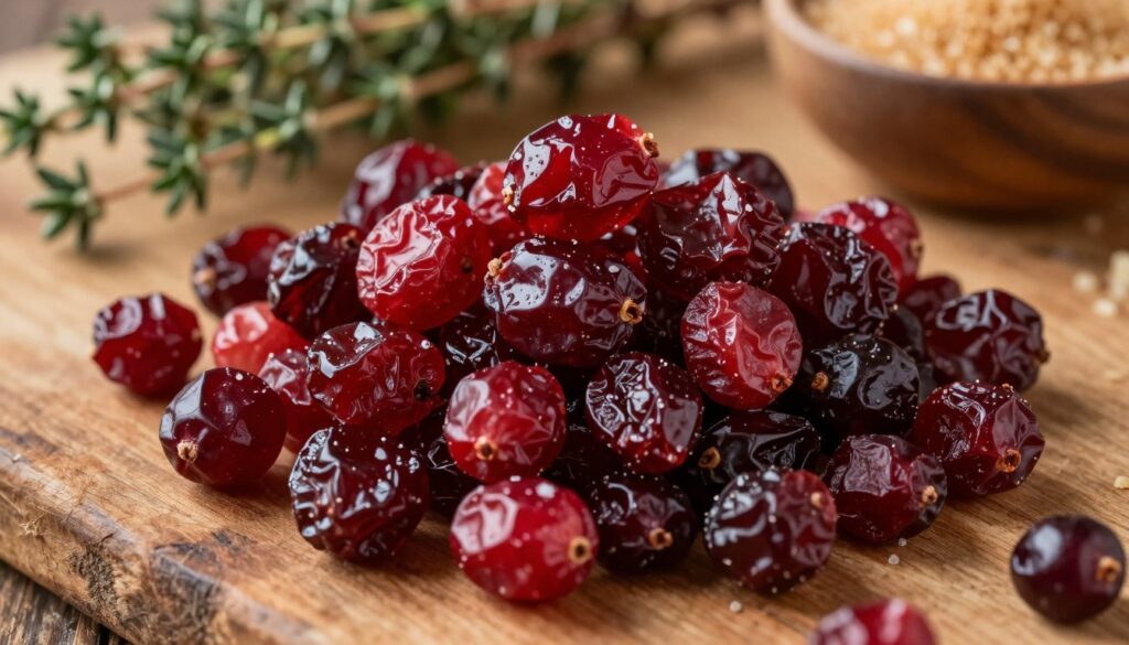A close-up view of dried cranberries (suszonej żurawiny) arranged artistically on a rustic wooden surface. The cranberries should showcase their rich maroon color with a slightly glossy finish, glistening under soft, natural light. In the background, hints of fresh herbs like thyme and a small bowl of brown sugar can be seen, subtly blurred to create depth. A warm, inviting atmosphere should permeate the scene, enhancing the idea of comforting, home-cooked meals. The composition should be shot from a slight overhead angle, emphasizing the texture of the cranberries and surrounding ingredients. The overall mood should evoke a sense of warmth and culinary delight, perfect for a comforting sauce preparation context.
