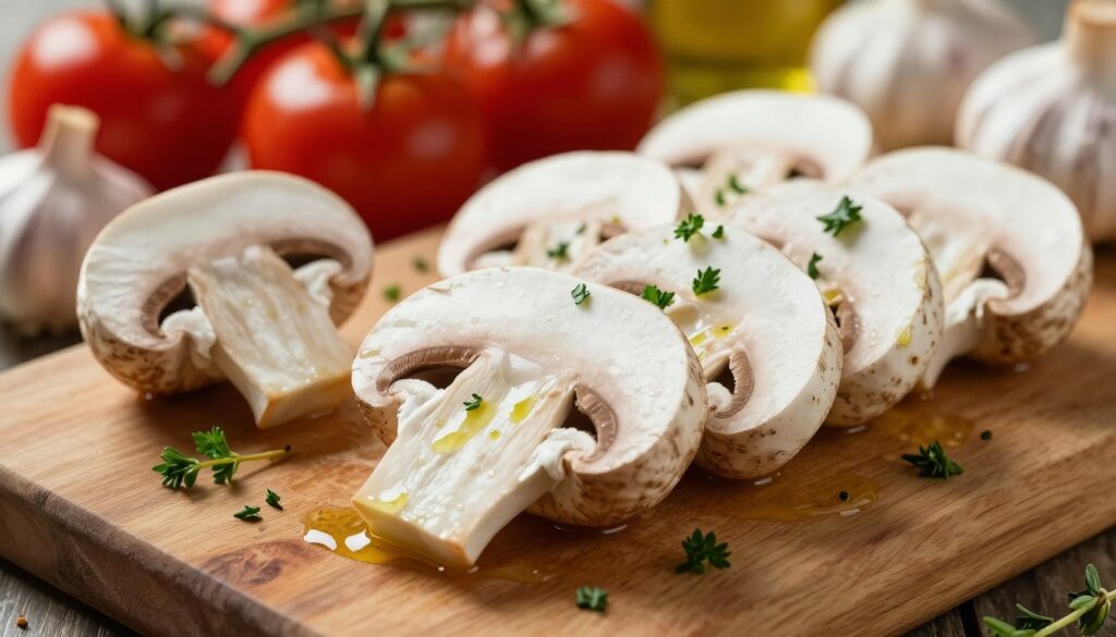 A close-up view of fresh, sliced white mushrooms (pieczarki) displayed on a rustic wooden cutting board. The mushrooms are glistening with a light sheen of olive oil and sprinkled with fresh herbs like parsley and thyme. In the background, softly blurred, a vibrant array of colorful vegetables such as tomatoes, garlic, and onions can be seen, hinting at the ingredients for a creamy sauce. The lighting is warm and inviting, with a golden hour glow casting soft shadows, enhancing the textures of the mushrooms and wood. The angle is slightly overhead, allowing for depth and detail, creating a cozy kitchen atmosphere ideal for quick meal preparation.