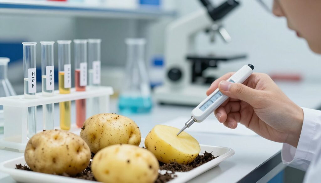 A close-up view of fresh, unpeeled potatoes being tested for pH levels in a laboratory setting. In the foreground, a scientist in a lab coat carefully uses a pH meter to measure the acidity of different soil samples containing the potatoes. The middle ground features several test tubes filled with various liquids representing different pH levels, each labeled. The background showcases a softly blurred laboratory with shelves of scientific equipment. The lighting is bright and even, providing a clean and professional atmosphere. The mood is focused and inquisitive, highlighting the importance of pH in determining potato softness. The composition should emphasize clarity and detail, ensuring the viewer understands the scientific context without distractions.