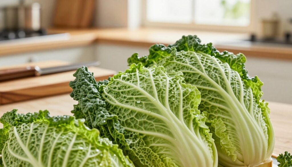 A close-up view of fresh, vibrant cabbage leaves, showcasing their intricate textures and green hues. The foreground features neatly arranged, glistening leaves with visible water droplets, emphasizing freshness and crispness. In the middle ground, a rustic wooden cutting board displays a few kitchen utensils, hinting at preparation. The background softly blurs, revealing a warm kitchen setting with light flooding in through a window, casting gentle highlights. The atmosphere is inviting and homey, evoking a sense of comfort and culinary expertise. The composition should be well-lit, capturing the leaves' natural sheen and the warmth of the kitchen ambiance, with a shallow depth of field to focus on the details of the cabbage. A close-up view of fresh, vibrant cabbage leaves, showcasing their intricate textures and green hues. The foreground features neatly arranged, glistening leaves with visible water droplets, emphasizing freshness and crispness. In the middle ground, a rustic wooden cutting board displays a few kitchen utensils, hinting at preparation. The background softly blurs, revealing a warm kitchen setting with light flooding in through a window, casting gentle highlights. The atmosphere is inviting and homey, evoking a sense of comfort and culinary expertise. The composition should be well-lit, capturing the leaves' natural sheen and the warmth of the kitchen ambiance, with a shallow depth of field to focus on the details of the cabbage.