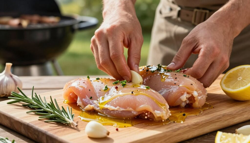 A close-up view of marinated chicken breasts on a wooden cutting board, glistening with a light, aromatic marinade made from olive oil, lemon juice, herbs, and spices. The foreground features the vibrant colors of fresh ingredients like rosemary sprigs and garlic cloves, creating a natural and appetizing atmosphere. In the middle, a chef’s hands, wearing modest casual attire, are gently massaging the marinade into the chicken, showcasing the technique of marination for juiciness. The background softly blurs, revealing a sunny, outdoor grilling area with a barbecue grill, enhancing the outdoor cooking vibe. Natural sunlight casts a warm glow, highlighting the freshness of the ingredients and evoking a sense of summer freshness and culinary excitement.