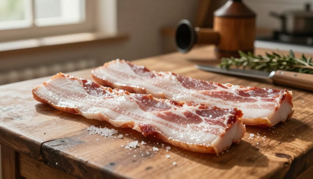 A close-up view of raw bacon being dried in preparation for smoking, placed on a rustic wooden table. The bacon strips glisten with a light sheen of salt, showcasing their fresh, marbled texture. Flakes of sea salt are scattered around, enhancing the visual detail. In the background, a soft-focused kitchen setting includes traditional smoking tools, such as a wooden smoker and herbs, creating an authentic atmosphere. Warm, diffused sunlight streams in from a nearby window, casting gentle shadows and highlighting the surface of the bacon. The scene conveys a sense of craftsmanship and culinary tradition, inviting viewers to appreciate the meticulous process before the smoking begins.