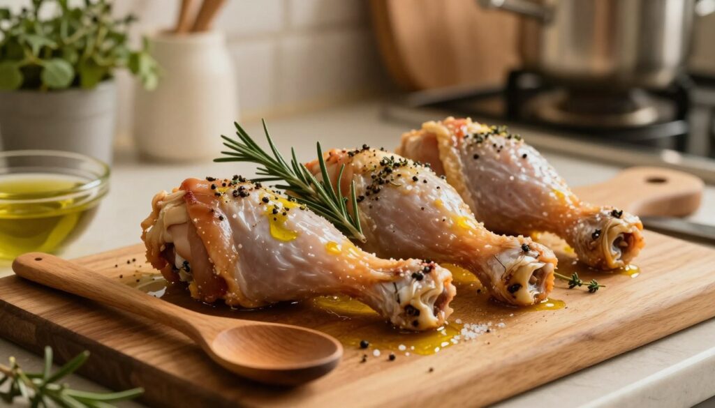 A close-up view of seasoned chicken drumsticks being prepared on a wooden cutting board. The drumsticks are coated with a mix of olive oil, salt, pepper, and fresh herbs like rosemary and thyme, creating a glistening appearance. In the foreground, a wooden spoon rests beside the chicken, and a small bowl of marinade is visible. Soft, warm kitchen lighting casts a golden hue, emphasizing the richness of the ingredients. In the background, a blurred kitchen environment suggests a cozy cooking space, with herbs in pots and various cooking utensils. The atmosphere feels inviting and homey, evoking the anticipation of delicious, succulent roasted chicken. A close-up view of seasoned chicken drumsticks being prepared on a wooden cutting board. The drumsticks are coated with a mix of olive oil, salt, pepper, and fresh herbs like rosemary and thyme, creating a glistening appearance. In the foreground, a wooden spoon rests beside the chicken, and a small bowl of marinade is visible. Soft, warm kitchen lighting casts a golden hue, emphasizing the richness of the ingredients. In the background, a blurred kitchen environment suggests a cozy cooking space, with herbs in pots and various cooking utensils. The atmosphere feels inviting and homey, evoking the anticipation of delicious, succulent roasted chicken.